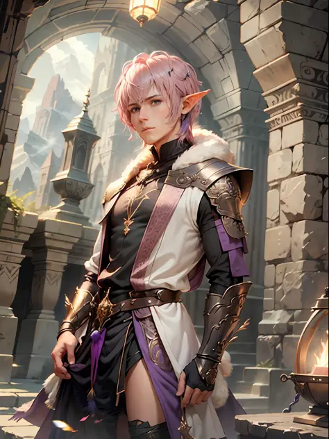 pink hair, short hair, purple outfit, male elf, fantasy, fantasy setting, solo, elf face, cozy sweater, fluffy hair