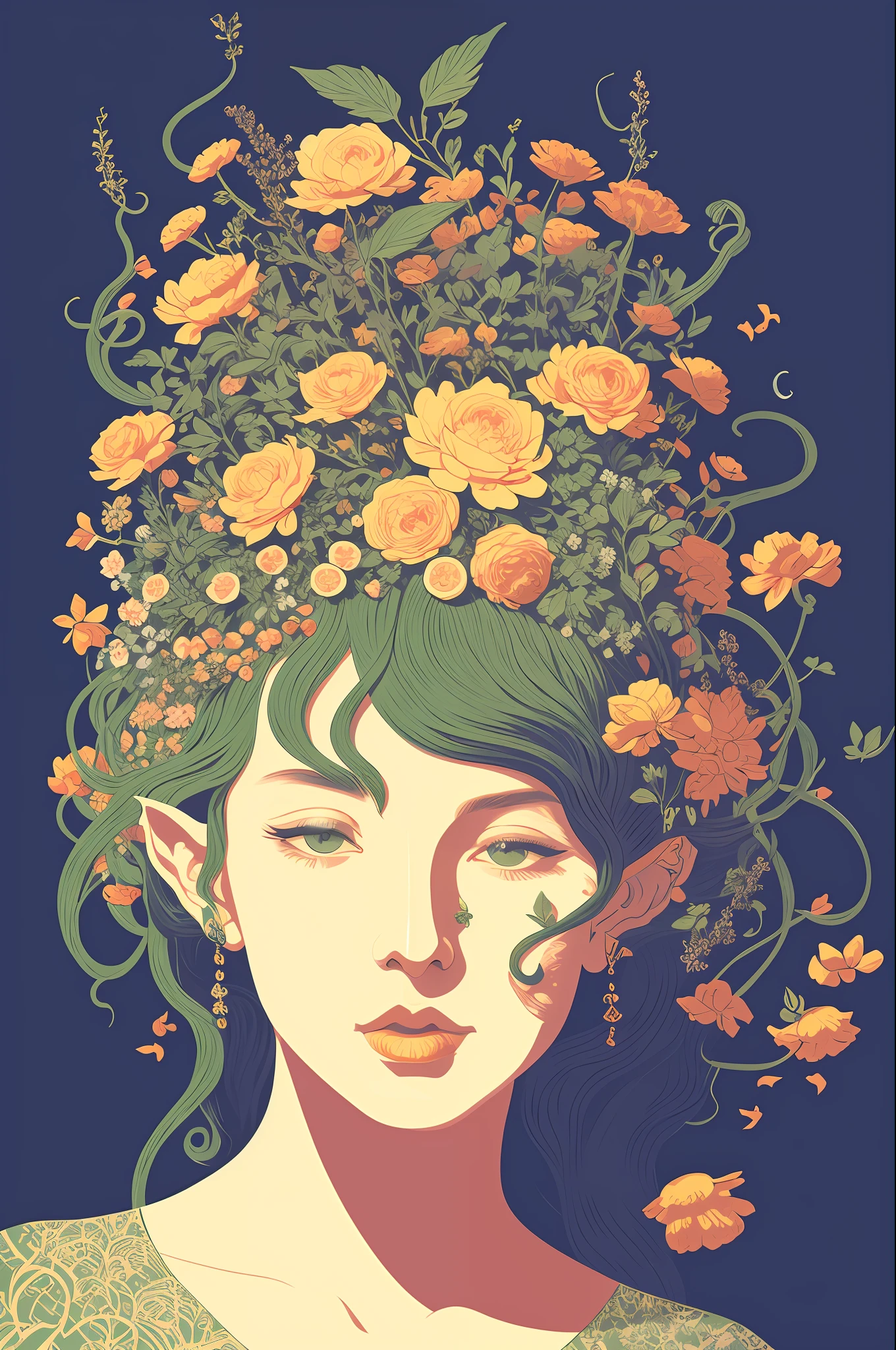 beautiful cute front portrait of an elvish deity, long hair in motion, herbs and blue pastel colors, flowers orange by victo ngai, kilian eng, dynamic lighting, digital art, art by james jean, takato yamamoto, inkpunk minimalism, floating medusa background