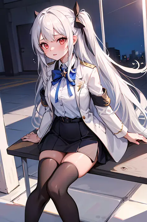 best quality, masterpiece,1girl,office girl, pencil skirt, sitting, long_hair, starry_sky, (((white_hair))), very_long_hair, red...