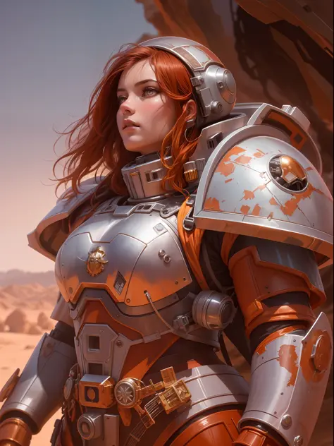 digital portrait of a space marine woman, pronounced feminine feature, silver alloy metal and red heavy space armour, in the des...