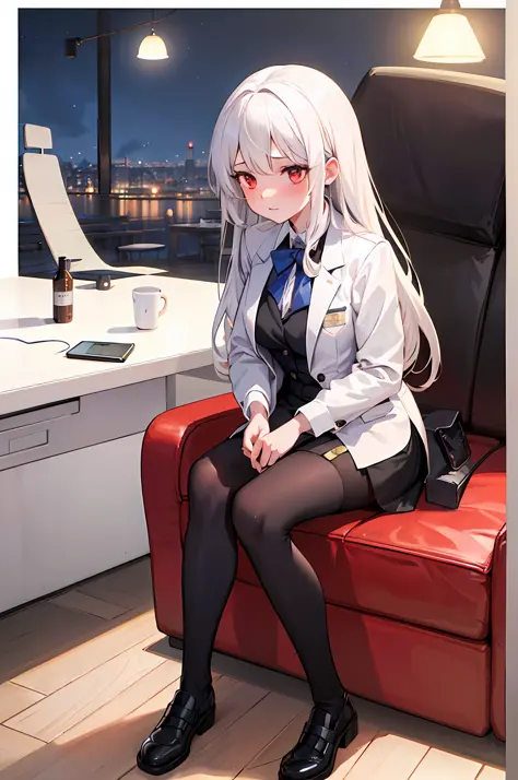 best quality, masterpiece,1girl,office girl, pencil skirt, sitting, long_hair, starry_sky, (((white_hair))), very_long_hair, red...