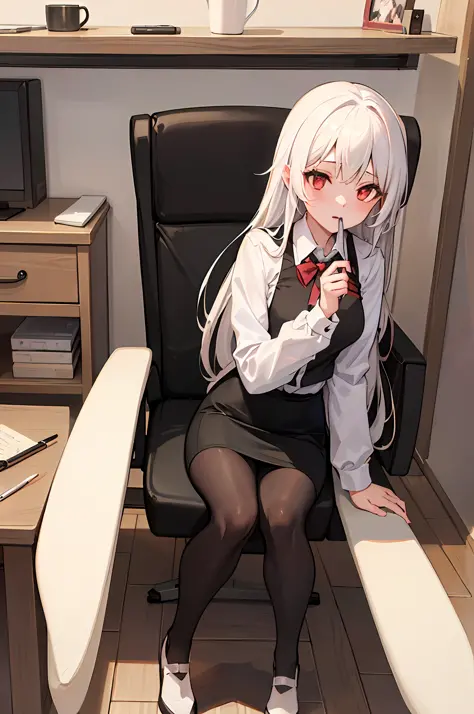 best quality, masterpiece,1girl,office girl, pencil skirt, sitting, long_hair, starry_sky, (((white_hair))), very_long_hair, red...