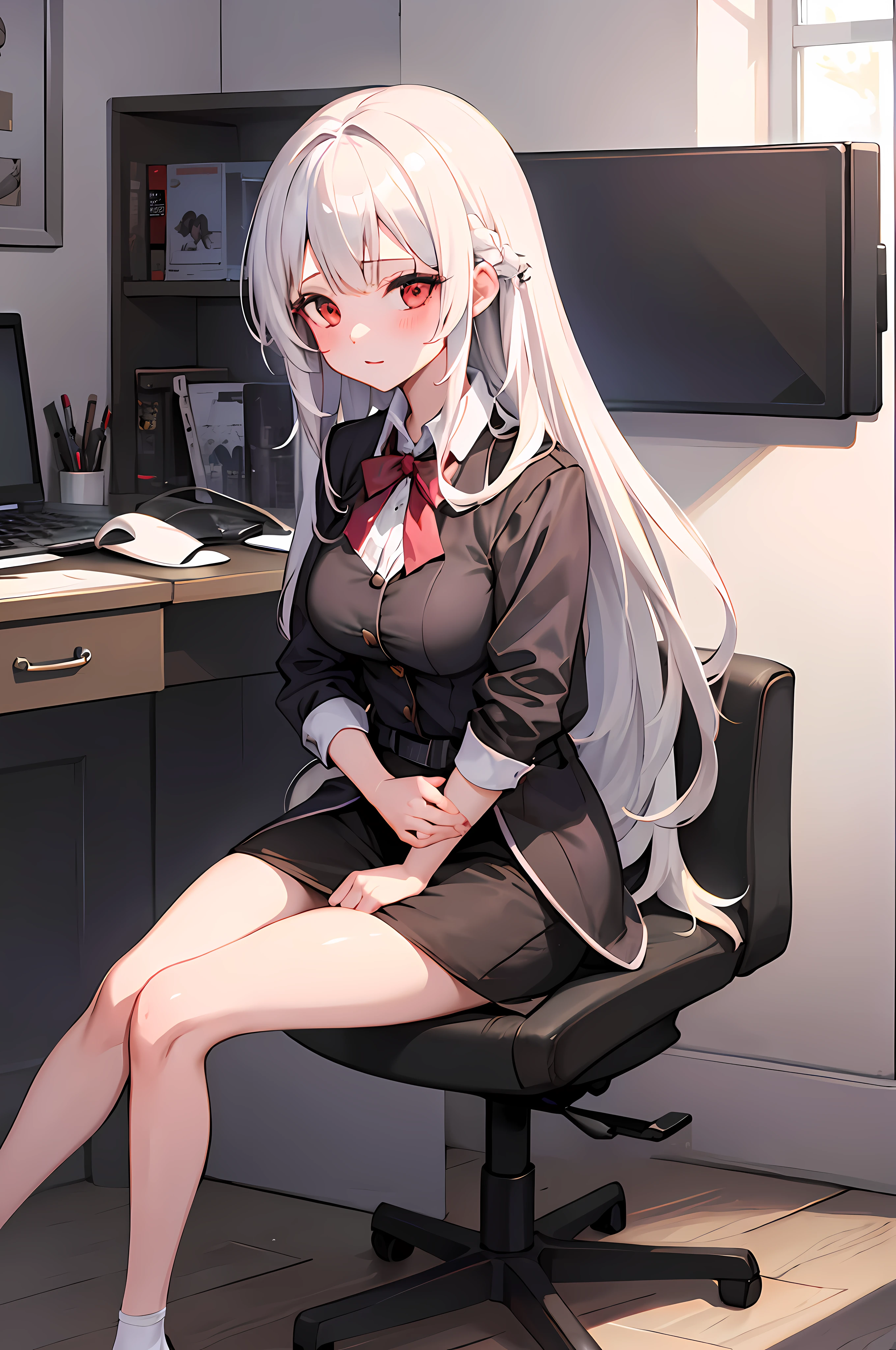 best quality, masterpiece,1girl,office girl, pencil skirt, sitting, long_hair, starry_sky, (((white_hair))), very_long_hair, red_eyes, blushing, (highly detailed 8k wallpaper), best resolution,