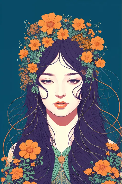 beautiful cute front portrait of an elvish deity, long hair in motion, herbs and blue pastel colors, flowers orange by victo nga...