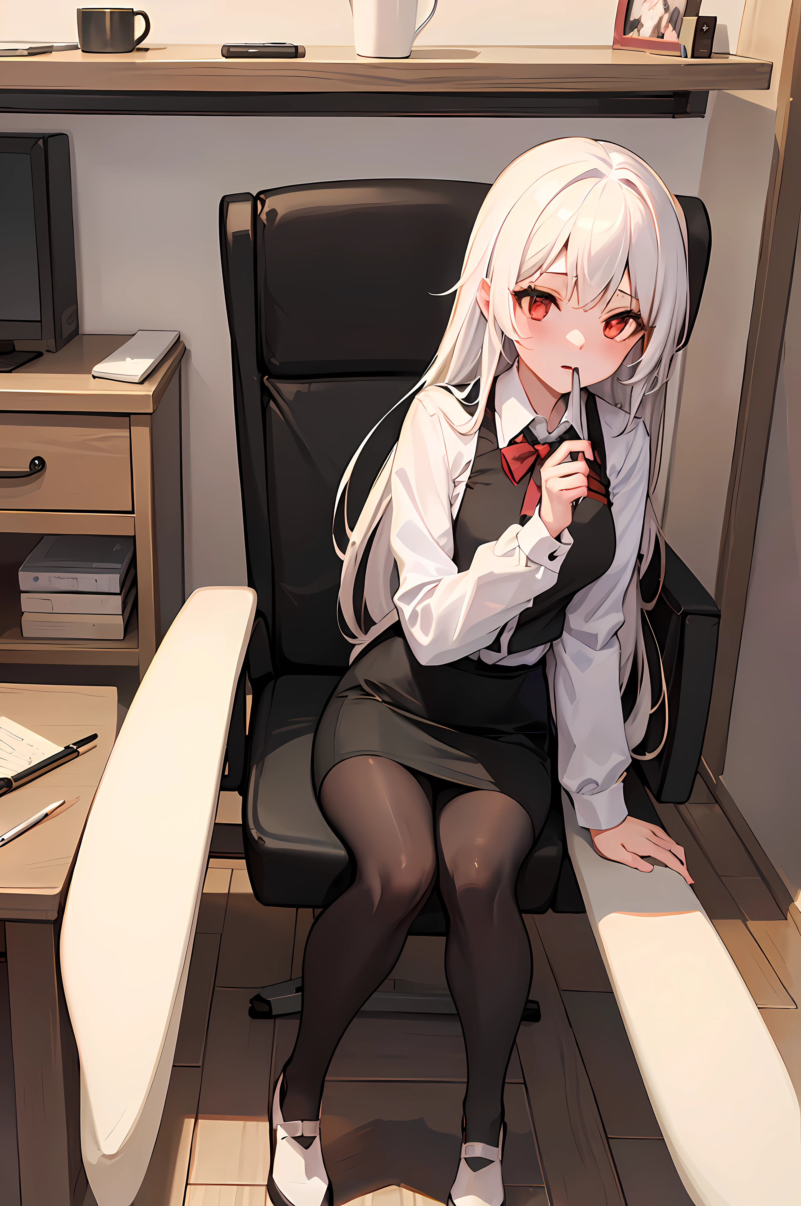 best quality, masterpiece,1girl,office girl, pencil skirt, sitting, long_hair, starry_sky, (((white_hair))), very_long_hair, red_eyes, blushing, (highly detailed 8k wallpaper), best resolution,