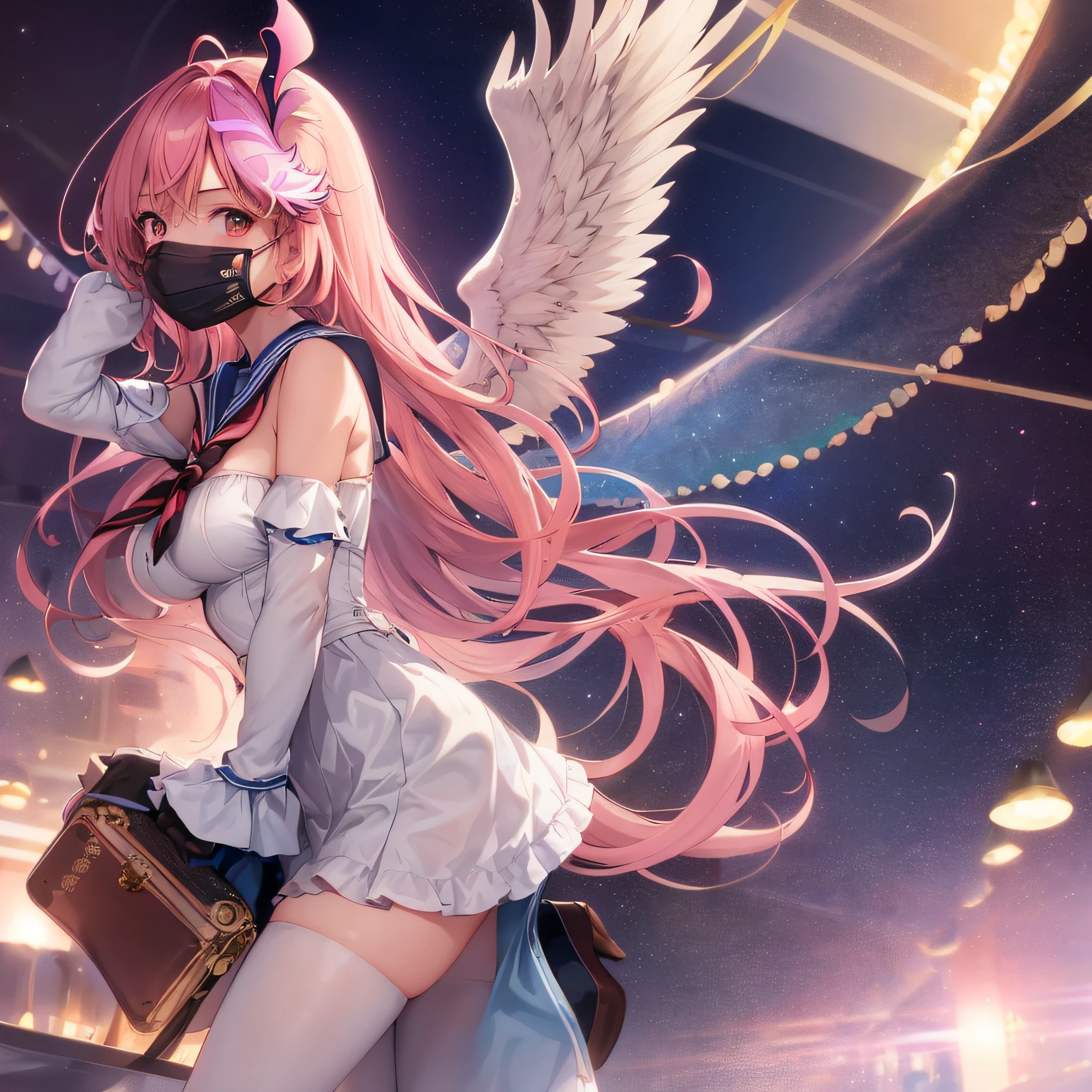 1girl, tmasterpiece, HighestQuali, best qualtiy, , The is very detailed, Most Best Illustration, glowing hairs, Ray traching, Half realistic, Columbina, with pink hair, little breast，Model figure sailor uniform, ‎Classroom, looking at viewert,Head wings， blindfolds， White mask， closeup cleavage