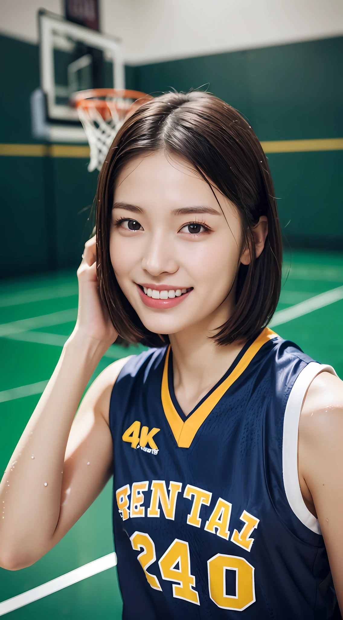 (4K、top-quality)、(realisitic、Photorealsitic)、
1girl in、solo、Red Basketball Uniform、7 times、Indoor basketball court、(Bob Hair:1.3)、(wetting hair:1.1)、(Sweat on the face:0.8)、(wetted skin:1.1)、A smile、
perfect hand、finerly detailed face、20yr old、