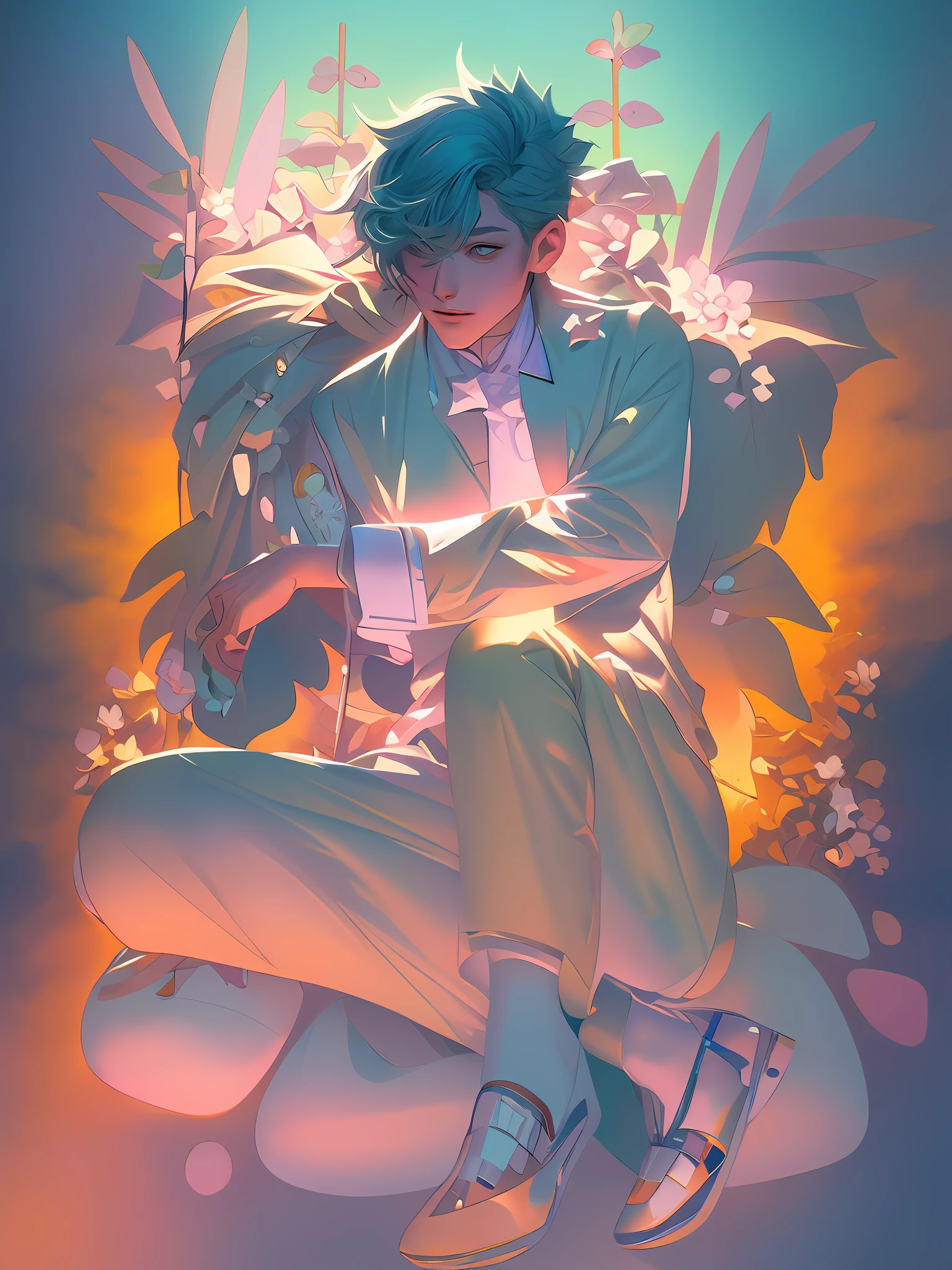 anime art nouveau, a divindade não binária da primavera, preguiçoso |, anime psicodélico sonhador, uma empregada em uma floresta mágica, ilustração sonhadora, Ilustra??o de anime suave, inspirado em Victor Mosquera, lolish, no estilo de ilustração digital, ilustração gráfica de anime, inspirado em Asaf Hanuka,obra de arte, melhor qualidade, (papel de parede extremamente detalhado da unidade CG 8k), (melhor qualidade), (melhor ilustração), (Melhor sombra), absurdos, iluminação realista, (Abismo), lindo brilho detalhado,onda de vapor,Vibes dos anos 90