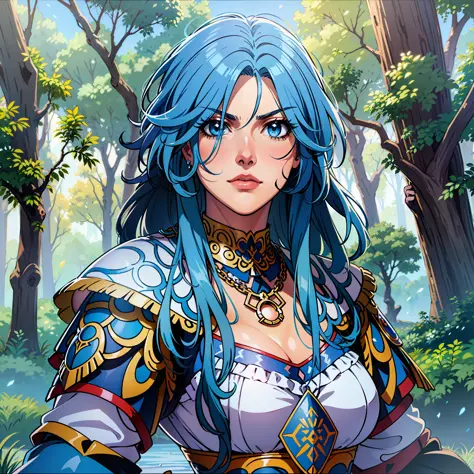 mulher guerreira de cabelo azul escuro, olhos azuis, cabelo comprido, mad face, armadura azul+branca+prata, roupas azuis+brancas...