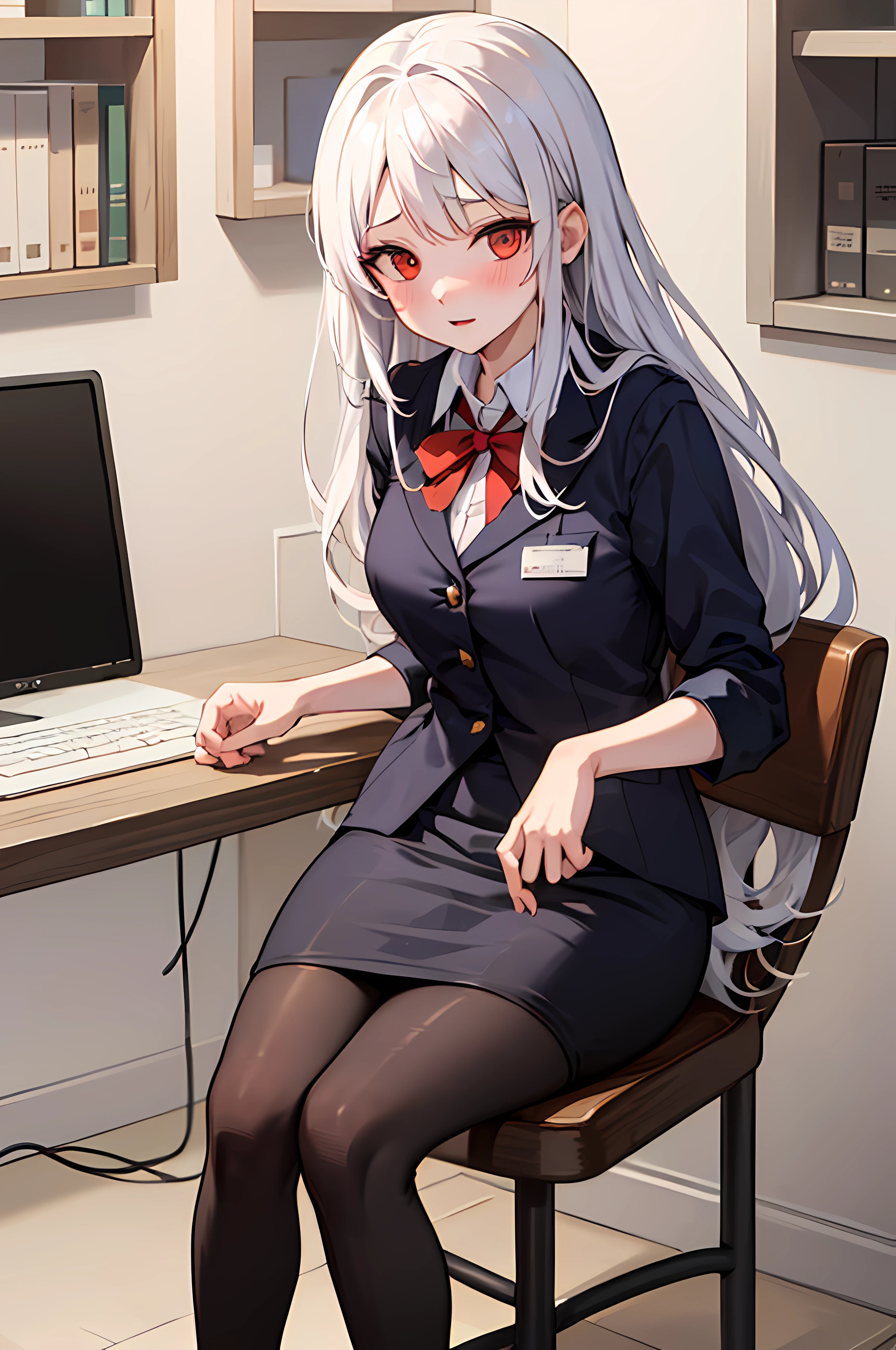 best quality, masterpiece,1girl,office girl, pencil skirt, sitting, long_hair, starry_sky, (((white_hair))), very_long_hair, red_eyes, blushing, (highly detailed 8k wallpaper), best resolution,