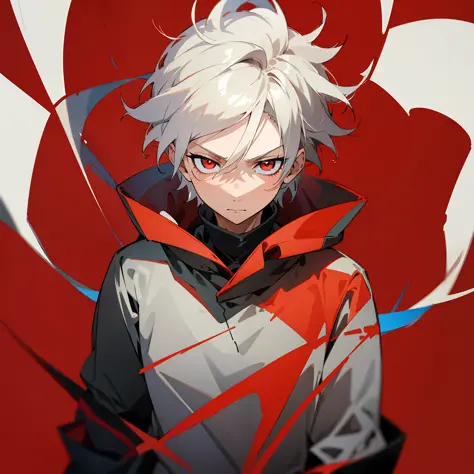 anime boy, white hair, red eyes, simple red background, all red background