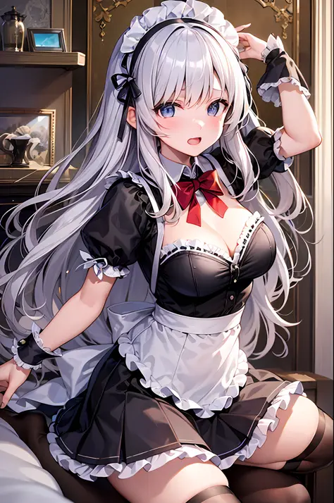 Best Quality, ultra-detailliert, Illustration, silber hair, Aimei, Maids，skirt by the，embarrassed from，breastsout，a bed，The long-haired