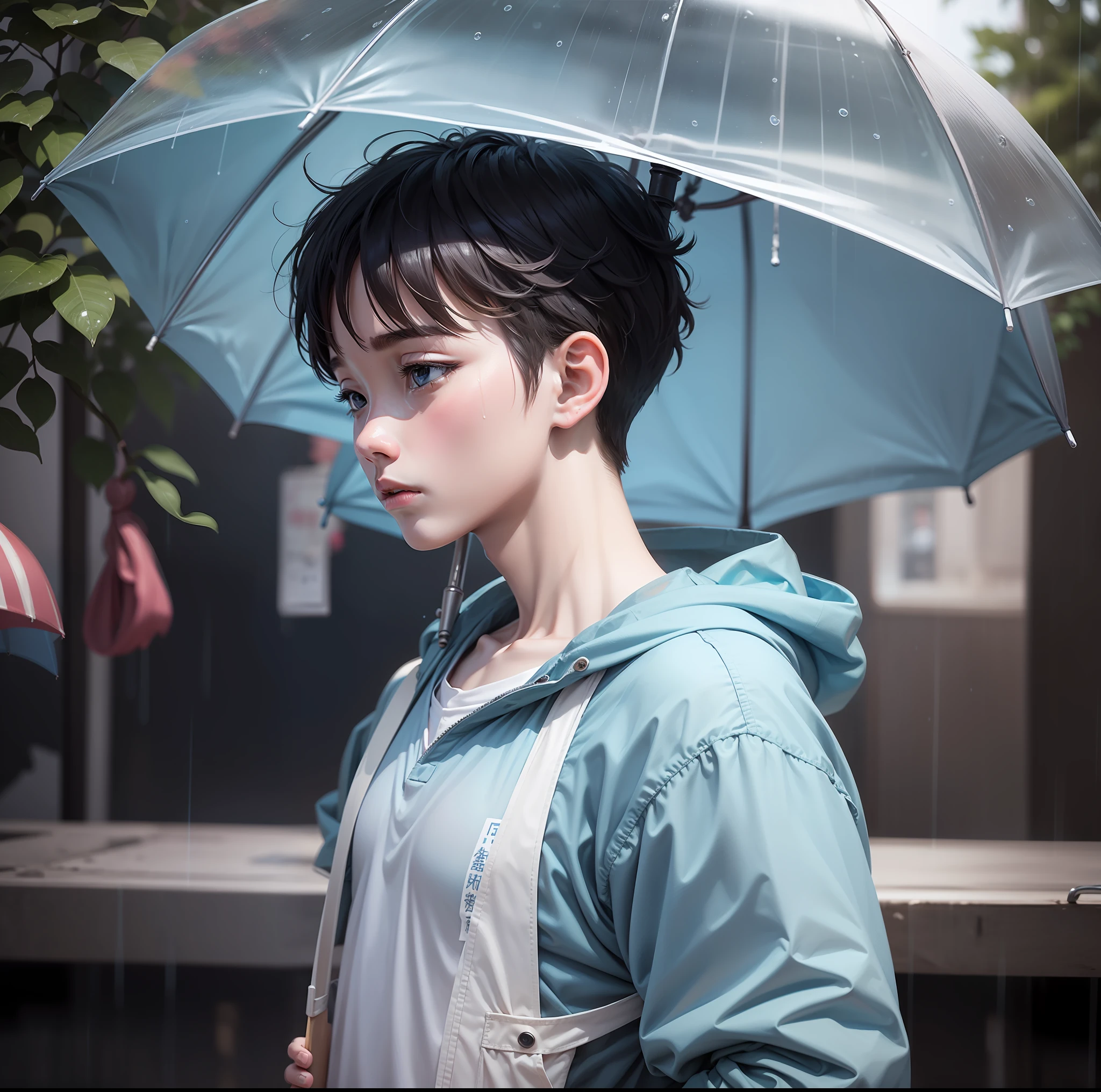 青い服を着た少年は悲しそうだった，傘を持って，そして雨が降っていた。