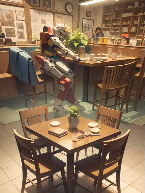 (machinary：genzu gundam:1.331)，((genzu gundam sits in a chair in the café))，(there are potted plants on the cafe table)，(genzo g...