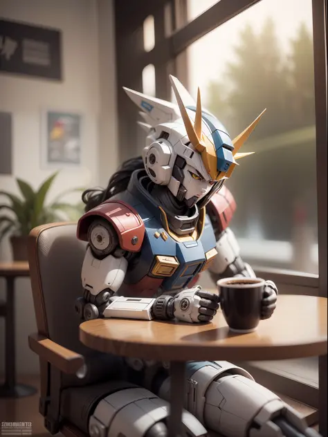 (machinary：genzu gundam:1.331)，((genzu gundam sits in a chair in the café))，(there are potted plants on the cafe table)，(genzo g...