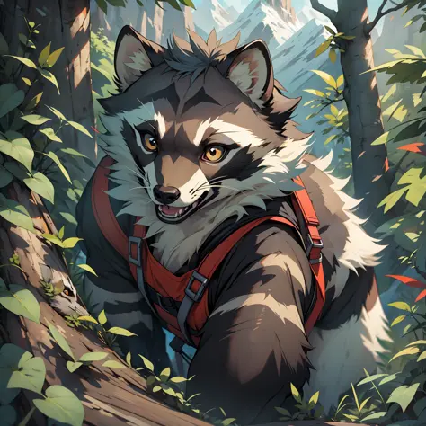 Raccoon with mountain-climbing equipment