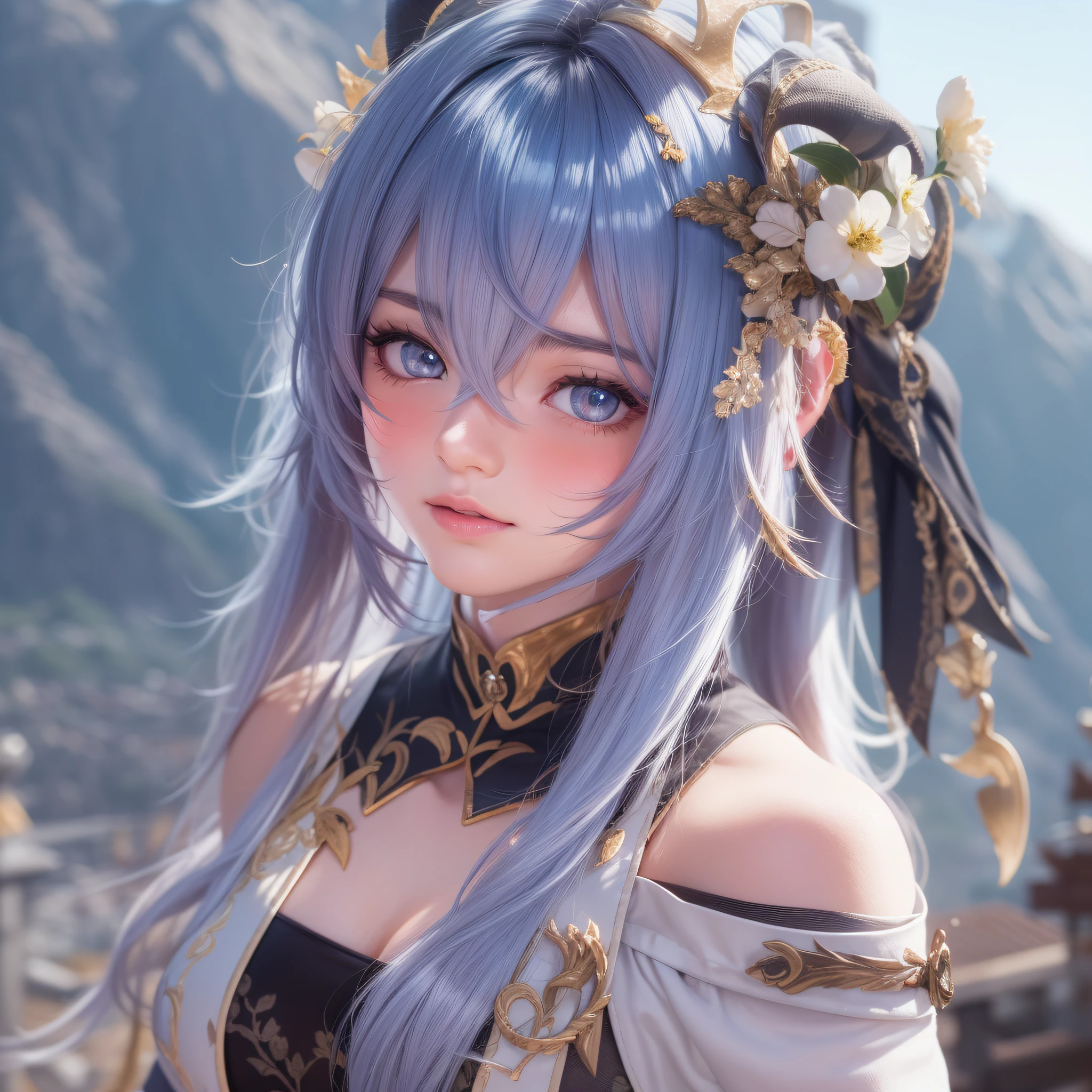 (photorealistic:1.4), (masterpiece, sidelighting, finely detailed beautiful eyes: 1.2), masterpiece*portrait, realistic, 3d face, ganyu (genshin impact), 1girl, ahoge, architecture, bangs, bare shoulders, bell, black gloves, black pantyhose, (blue hair), blush, breasts, chinese knot, detached sleeves, flower knot, gloves, horns, long hair, looking at viewer, medium breasts, neck bell, full body, beautifully detailed background, mountains in the background, cinematic lighting, UHD