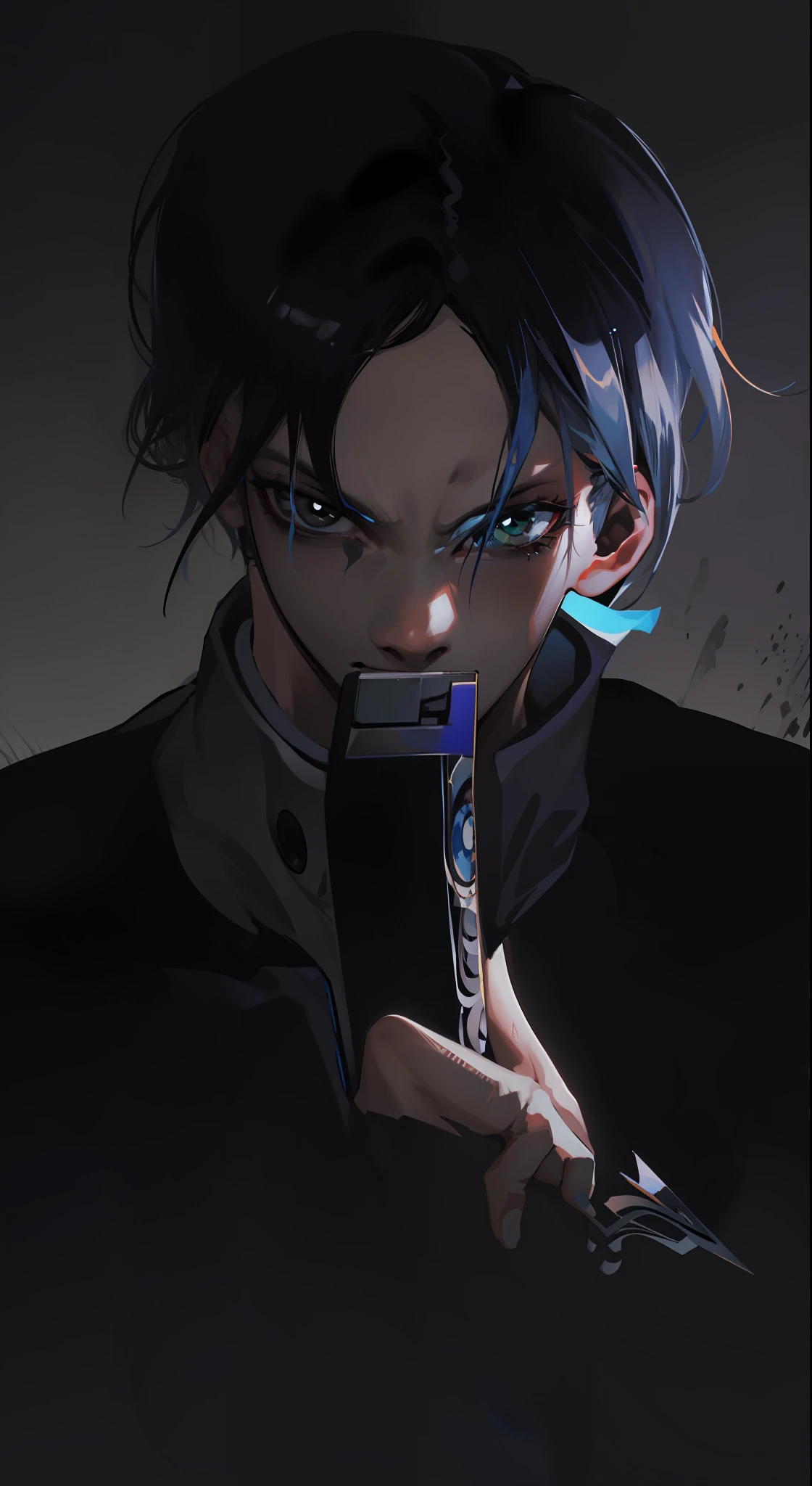 Anime boy with blue eyes holding a cell phone in his hand - SeaArt AI