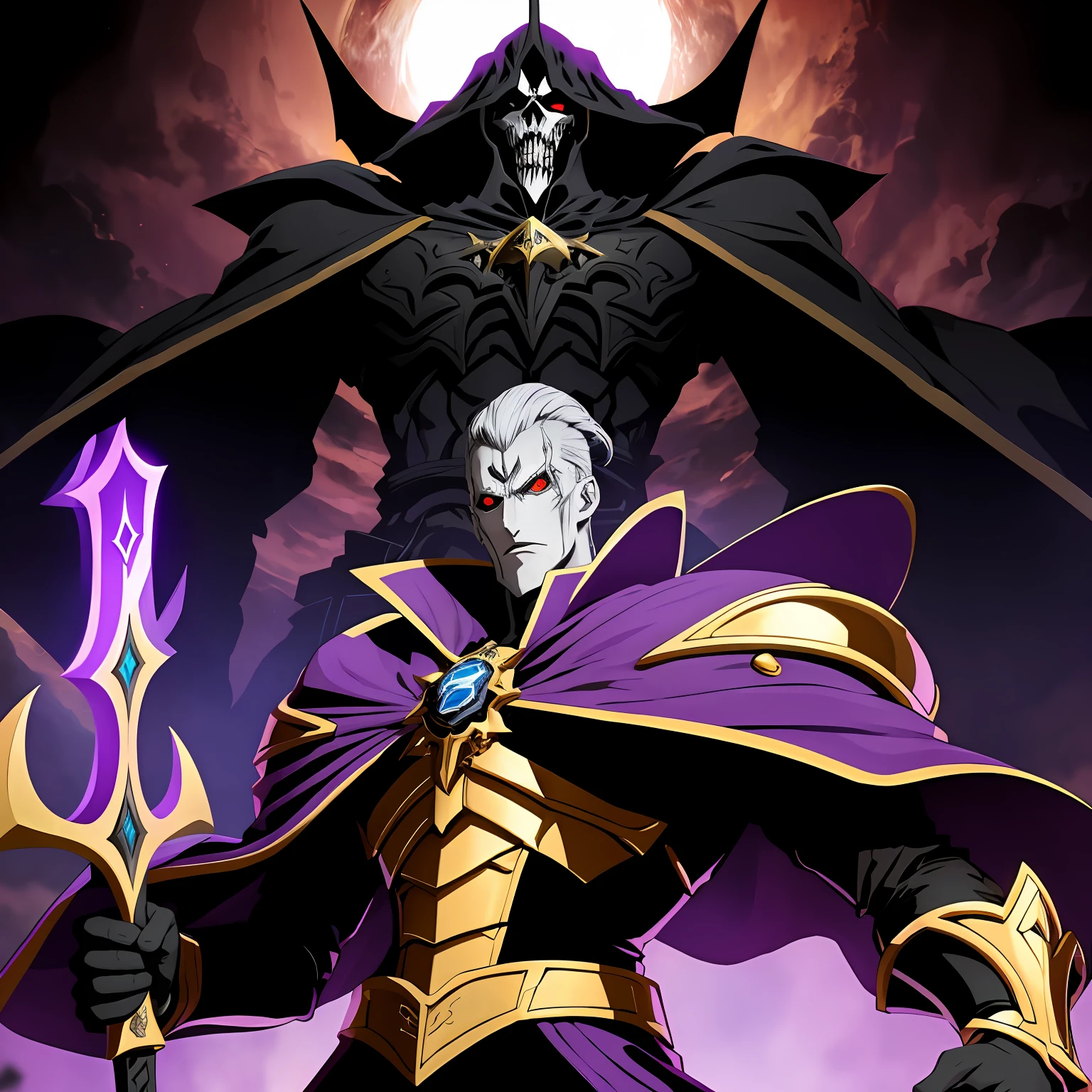 a close up of a toguro100 person with a sword and a purple cloak, ainz ooal gown, overlord!!!, overlord, de overlord, beautiful male god of death, overlord Temporada 4, king of time reaper, offcial art, portrait of the god of death, the king of death, Ish, Albedo do anime overlord, death god