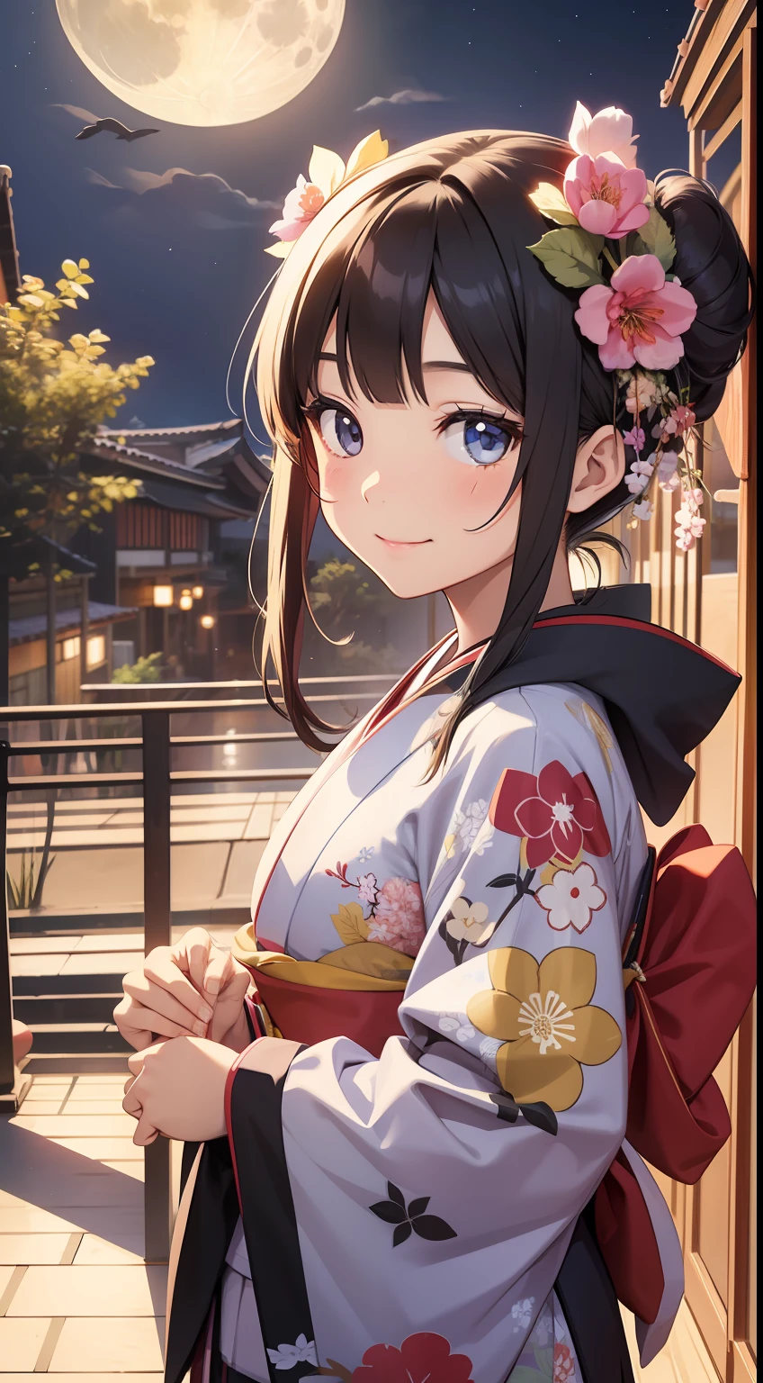 hi-school girl, kimono, moon, happy.