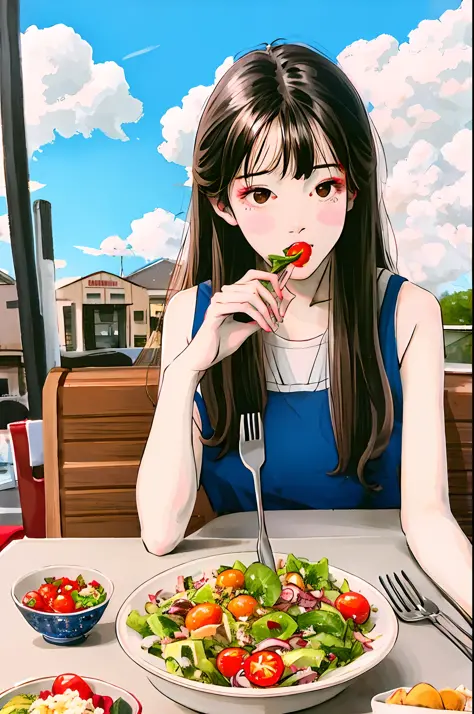 1girl, bangs, black hair, blue sky, bowl, brown eyes, chch-style, cloud, day, eating, food, fork, holding, holding fork, long ha...