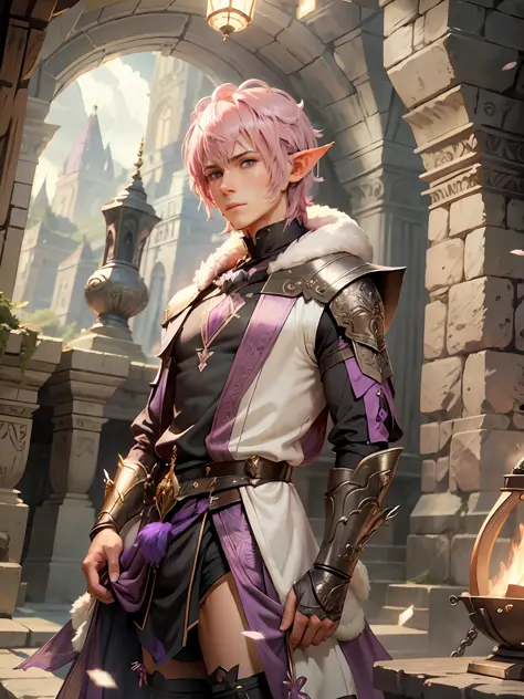 pink hair, short hair, purple outfit, male elf, fantasy, fantasy setting, solo, elf face, cozy sweater, fluffy hair, lingerie