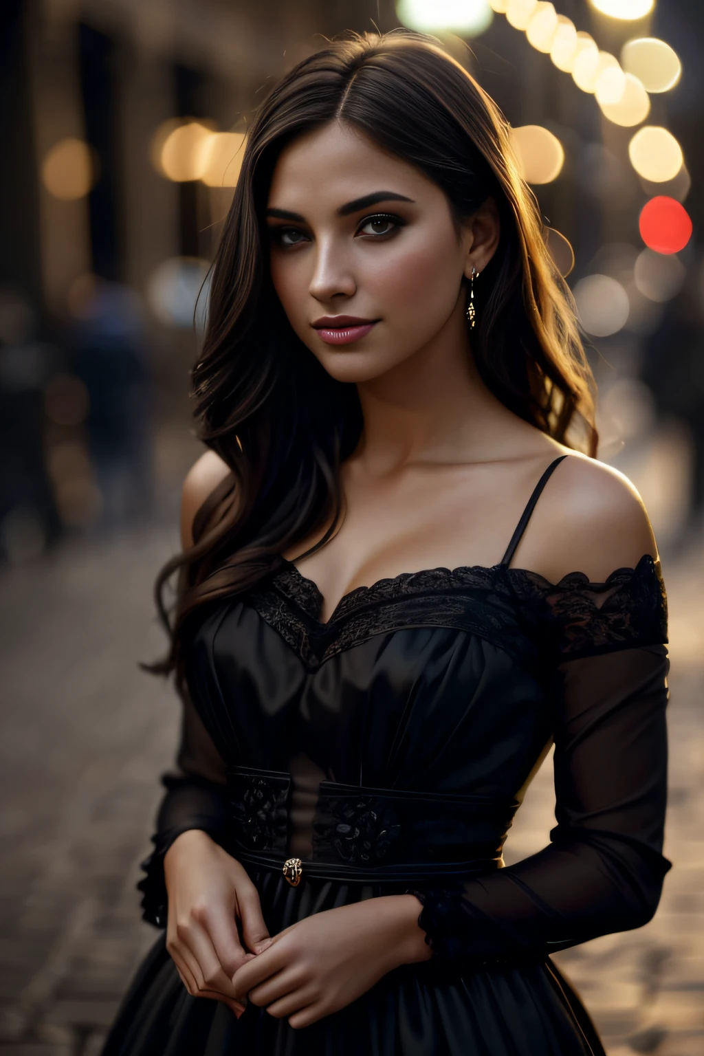 (sharp focus:1.2), photo, attractive young KariSweets , (beautiful face:1.1), detailed eyes, luscious lips, (cat eye makeup:0.85), (smile:1.2), wearing (dress:1.2) on a (night street:1.2). (moody lighting:1.2), depth of field, bokeh, 4K, HDR. by (James C. Christensen:1.2|Jeremy Lipking:1.1).