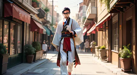 a boy in hanfu, comicart, walk the bustling streets, soft light, full length shot(fls), black hair, over-rim eyewear, grin