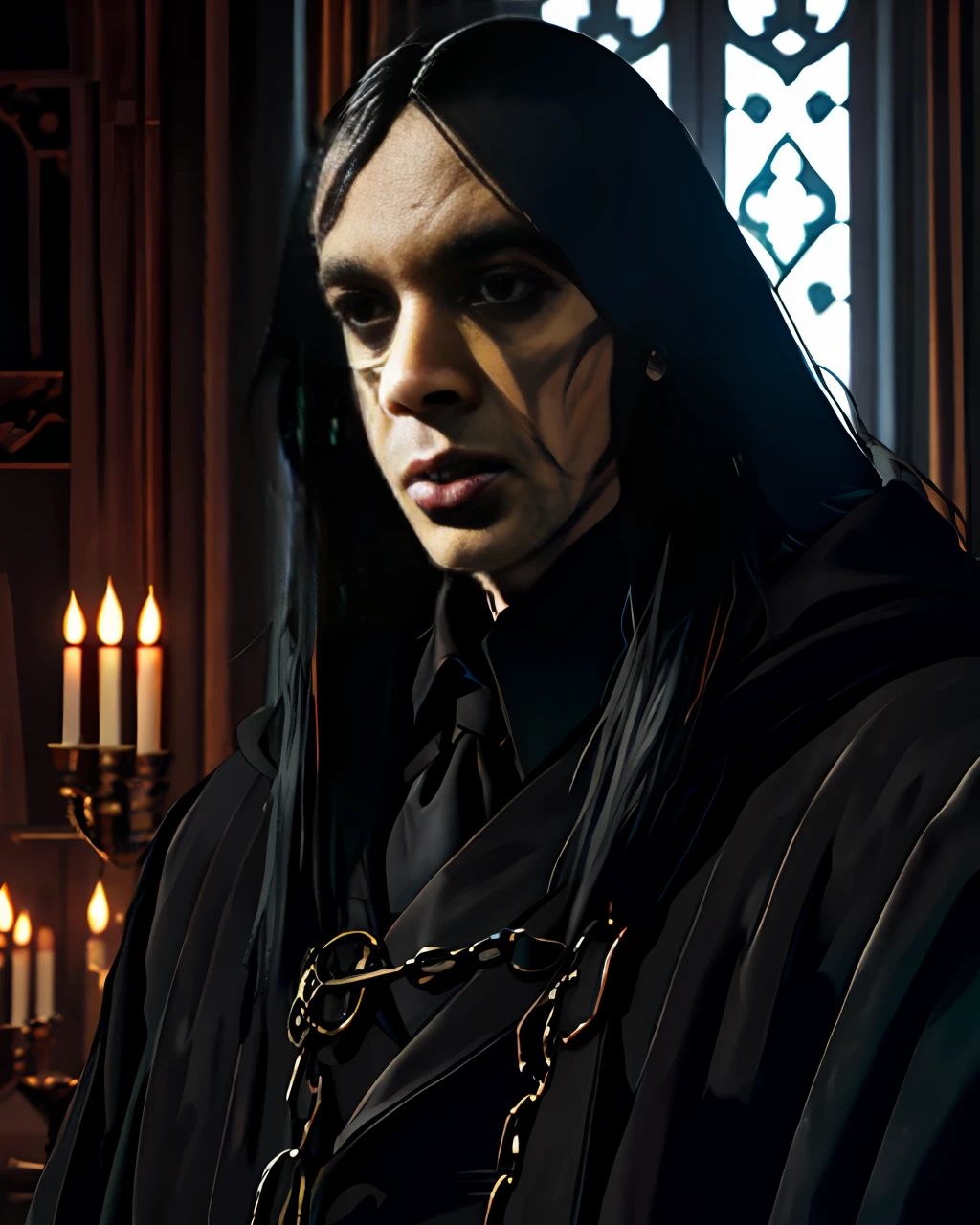 masterpiece, best quality, adamcrowley, 1man, ugly_man, old_man, pale_skin, black_hair, long_hair, black_coat, open_coat, medieval, dark, fantasy, horror, upper_body