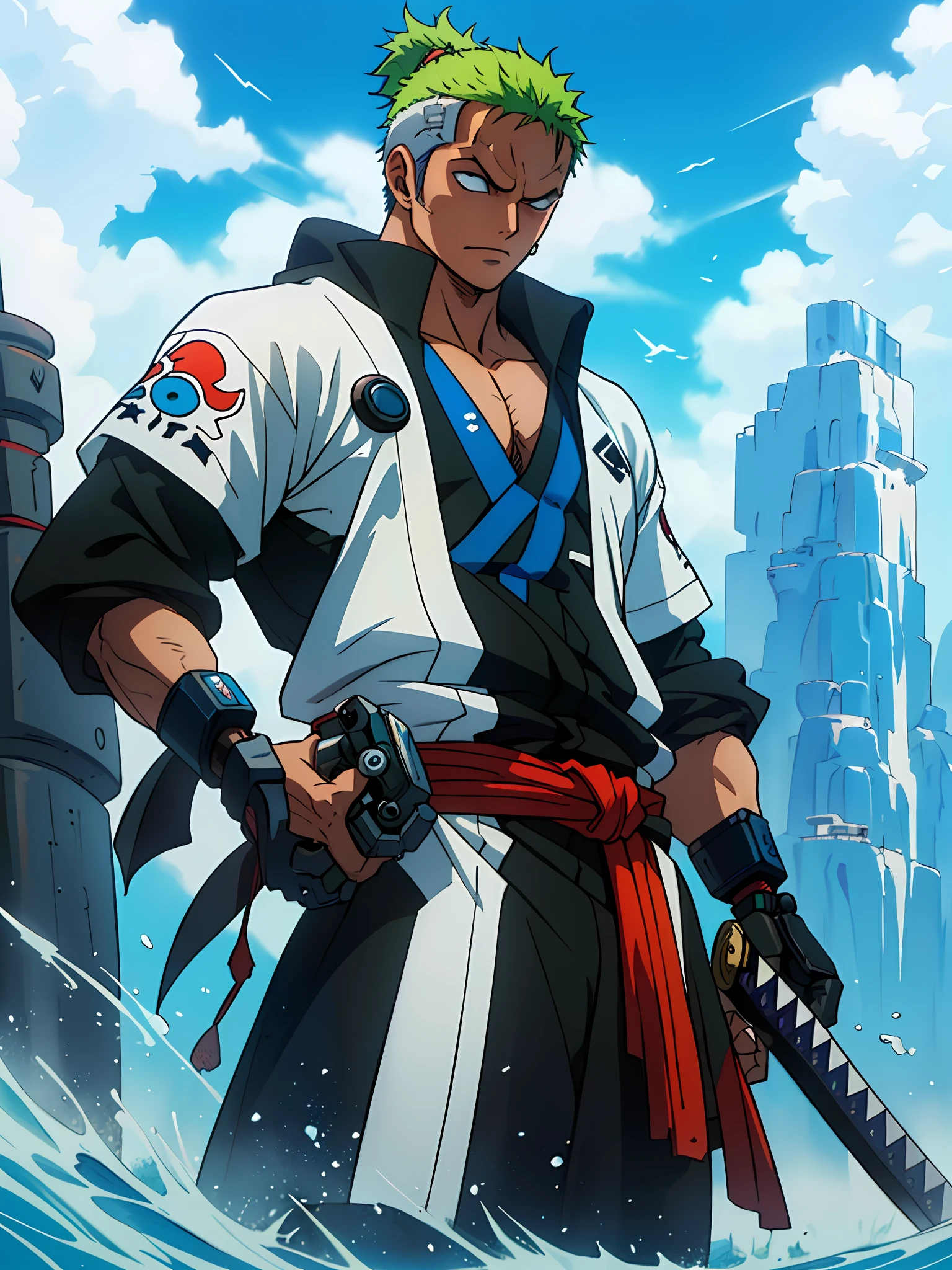 Roronoa Zoro (Obra prima, Resolução 4K, Ultrarrealista, muito detalhado), (Tema de samurai branco, um espadachim, vestindo um quimono azul com detalhes de nuvem no "coração" faixa, ele é comandante da primeira divisão do líder do bando mugiwara, obra "uma pedaço"), [ ((19 anos), (curtos cabelos verdes:1.2), corpo inteiro, (olhos azuis:1.2), desembanhando sua katana), ((ambiente pós-apocalíptico futurista):0.8)| (Paisagem caótica e sombria), (sol ofuscado))]. Pintura 4K de Ultra-Alta Definição, muito realista, muto detalhada. Ele mostra um espadachim, mestre do estilo Santoryu de katanas, vestindo um quimono azul com detalhes de nuvem na faixa da cintura. O tema da pintura é um espadachim branco, segurando com uma mão sua katana preta enma, o protagonista masculino tem curtos cabelos verdes, tem 19 anos e todo o seu corpo definido aparece na pintura, com características de endomorfo bombeado, ((ANDRÓIDE, ciberpunk, Braço mecânico, ciborgue, próteses mecânicas)).