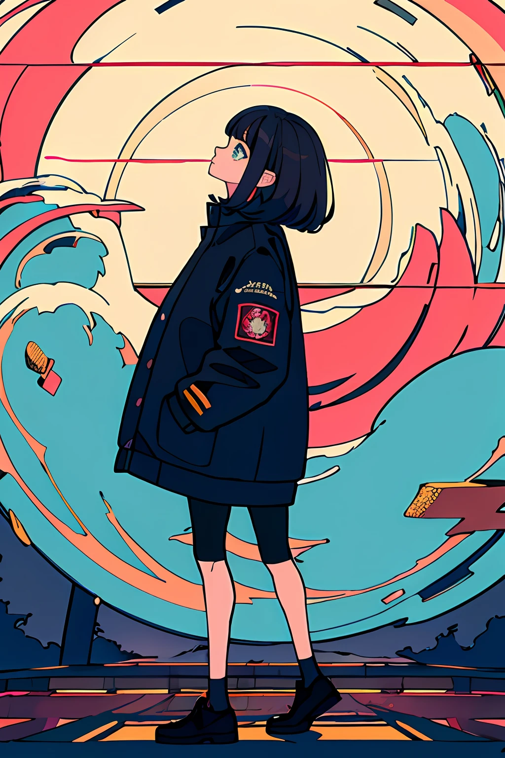 Masterpiece artwork, intricate-detail, best qualityer, 1girl, 独奏, Image of the waist up, hands holding a small globe, illuminated terrestrial globe, eyes locked, mid hair, Bblack hair, shoes, jaket, black footwear, jaket azul, nube, bangss, long sleeves, from sideways, perfil, plein-air, heaven,