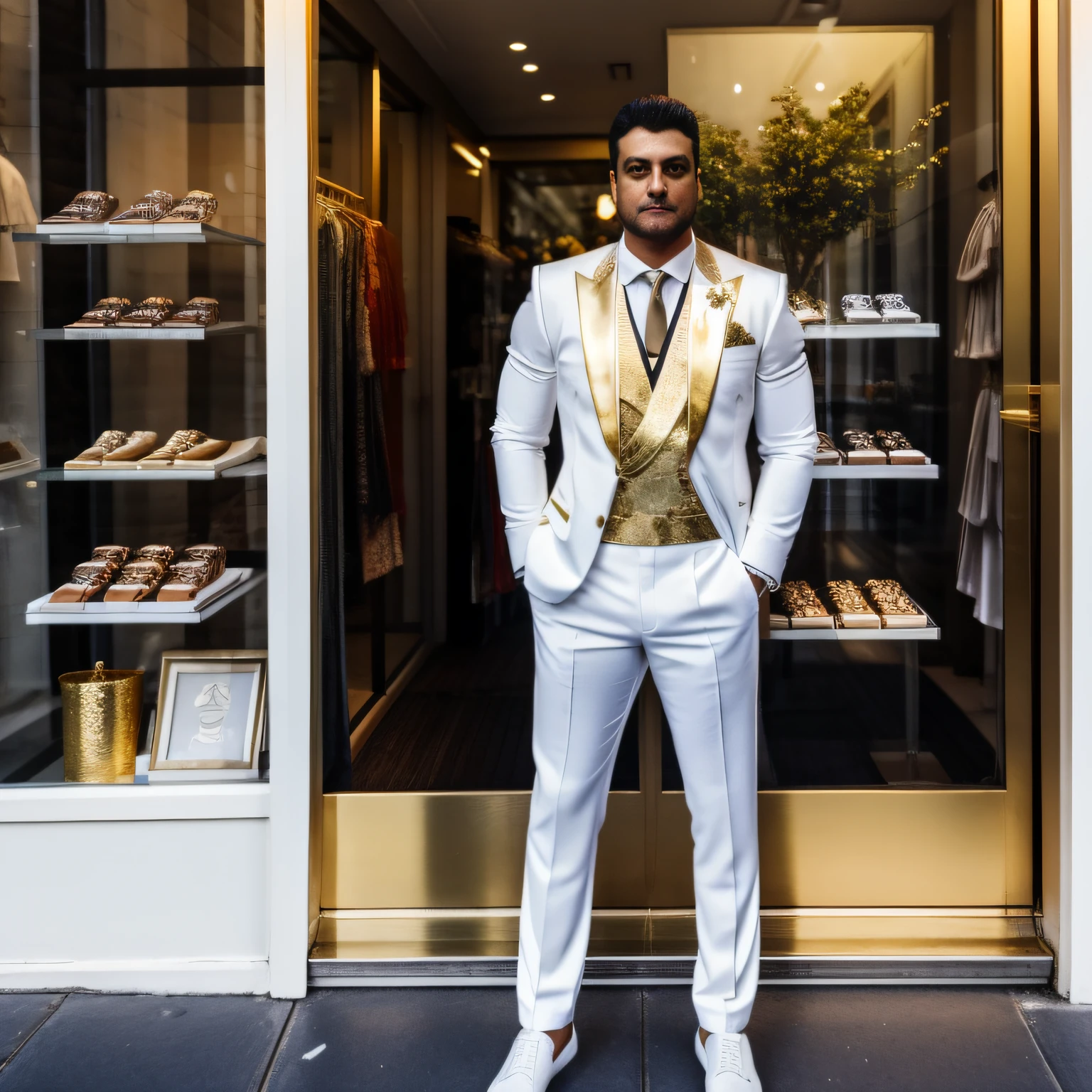A full-body man standing leaning against a street shop window in a white social outfit with gold accents looking out front of the store at dusk