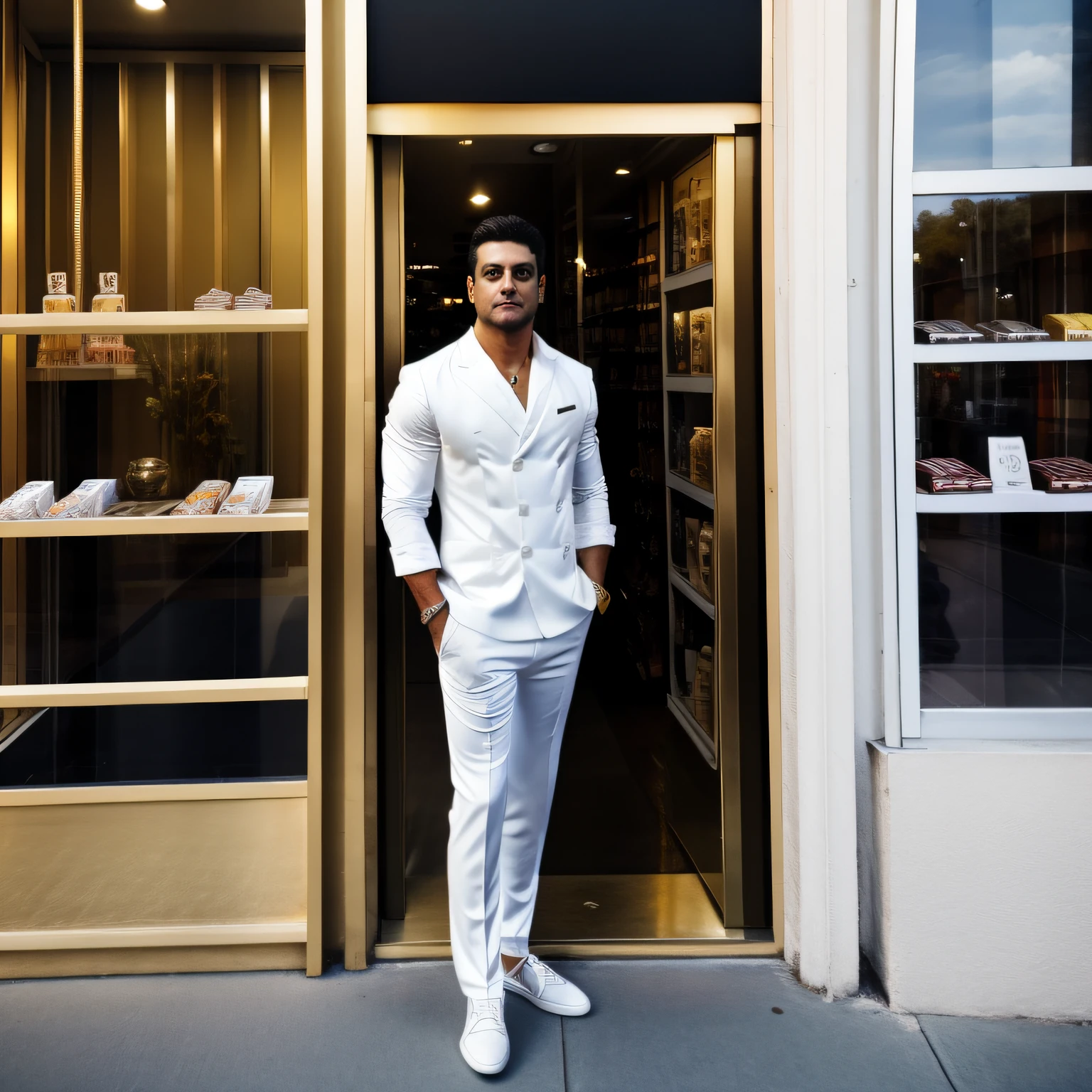 A full-body man standing leaning against a street shop window in a white social outfit with gold accents looking out front of the store at dusk