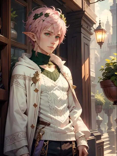green horns on head, pink hair, short hair, purple outfit, male elf, fantasy, fantasy setting, solo, elf face, cozy sweater, flu...