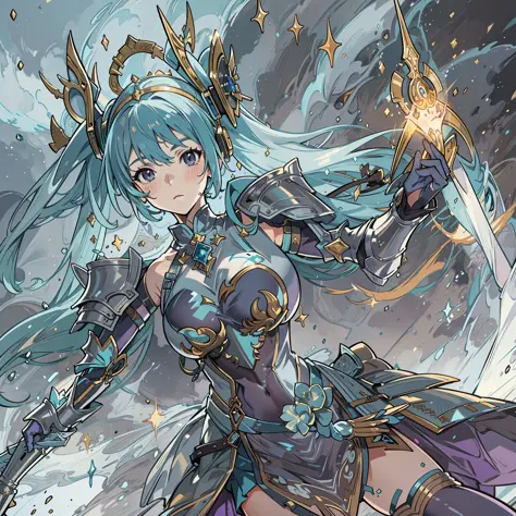HD original art level、best rendering、Female protagonist、Big breasts Hatsune Miku、Silver armor、Bring a helmet、Clear detail throughout HD in high definition、The fog is shining、Purple magic aura、A female knight fighting surrounded by lava。