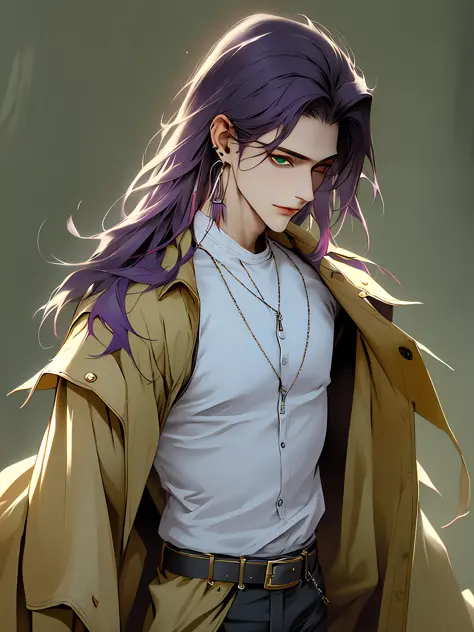 best quality, masterpiece, highres, 1boy,male,solo,upper body, sampo,purple hair,green eyes,hair over one eye,jacket,shirt,earri...