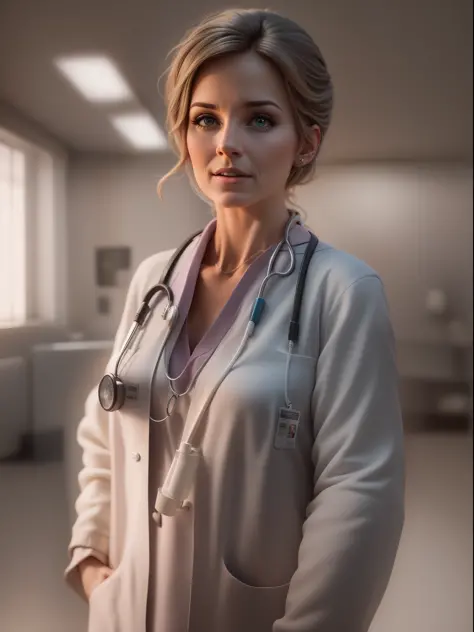 uma personagem feminina, 40 anos, female doctor, imagem de fundo ambiente hospitalar, octan render, illustration, Velvia, Agfaco...