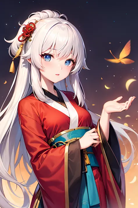 8K Hanfu woman with white hair and blue eyes