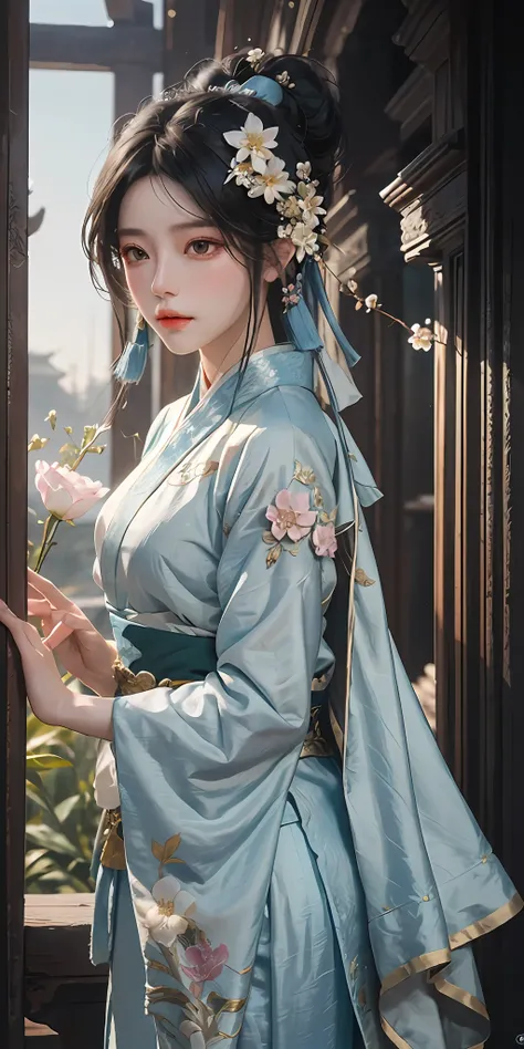 There was a girl in a blue Hanfu，A flower stuck in his hair, palace ...