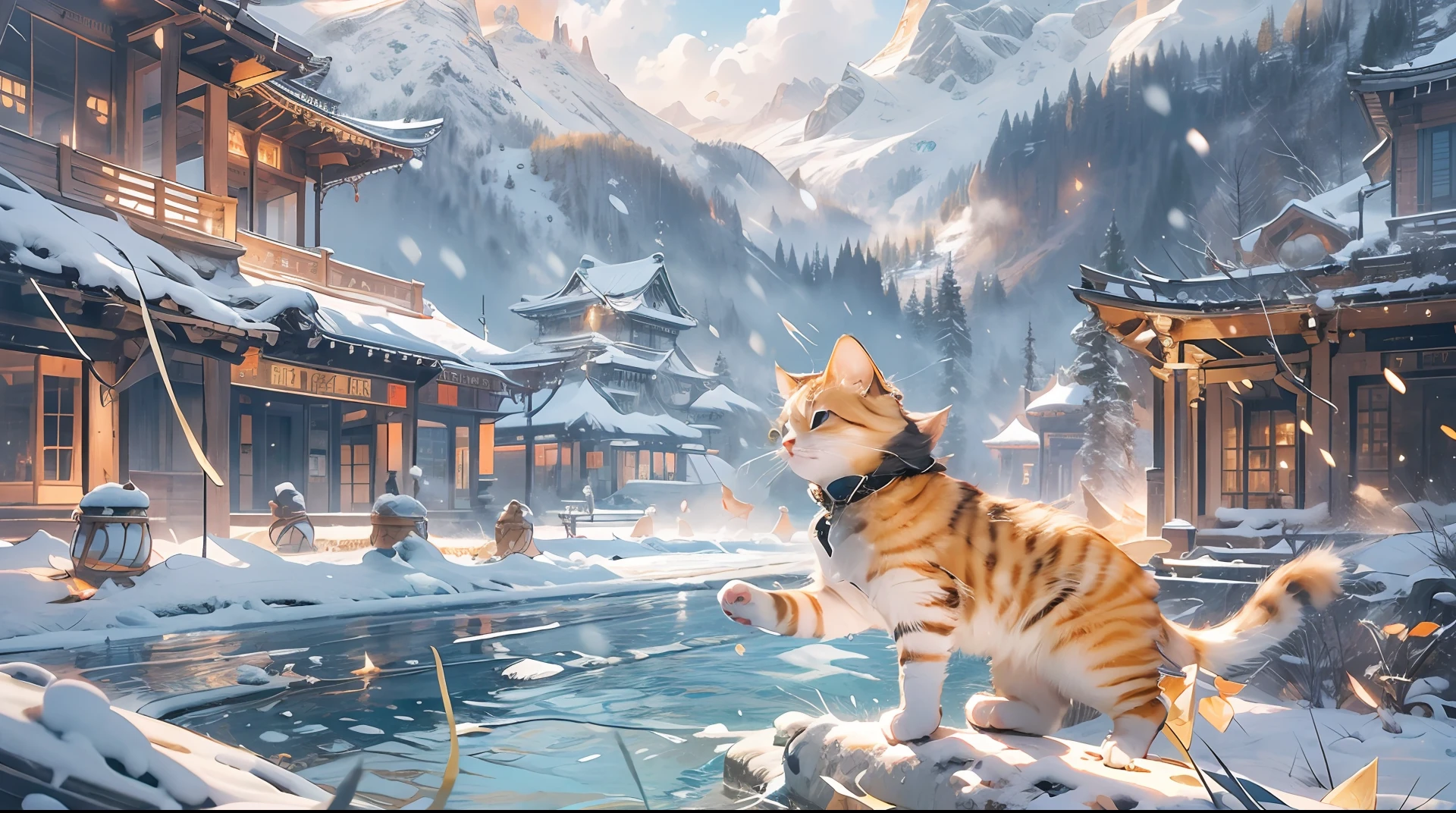 (Masterpiece:1.2, high quality),cat,snow,boat, snow mountain,jumping high,cute,(orange and white short hair),ancient structure,ancient temple,glass,broken glass