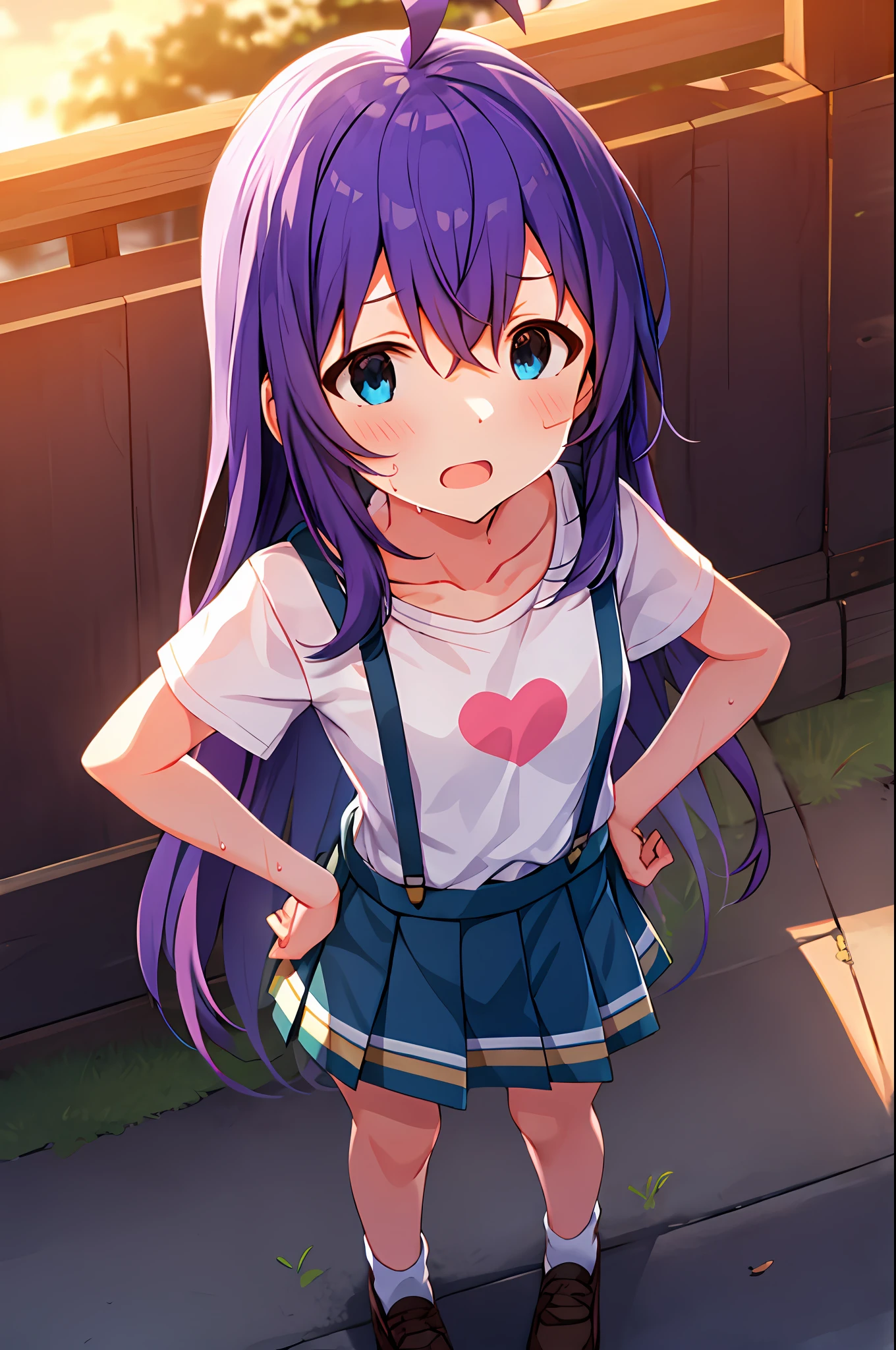 mochizuki anna,1girl in,Solo,Long hair,Purple hair,Medium chest.Ahoge,Blue eyes.Short stature.white t-shirts.suspenders.Skirt.Evening glow.the setting sun.Despair face.Sweat.Opening Mouth.up chest.put hands on the hip.look from above.