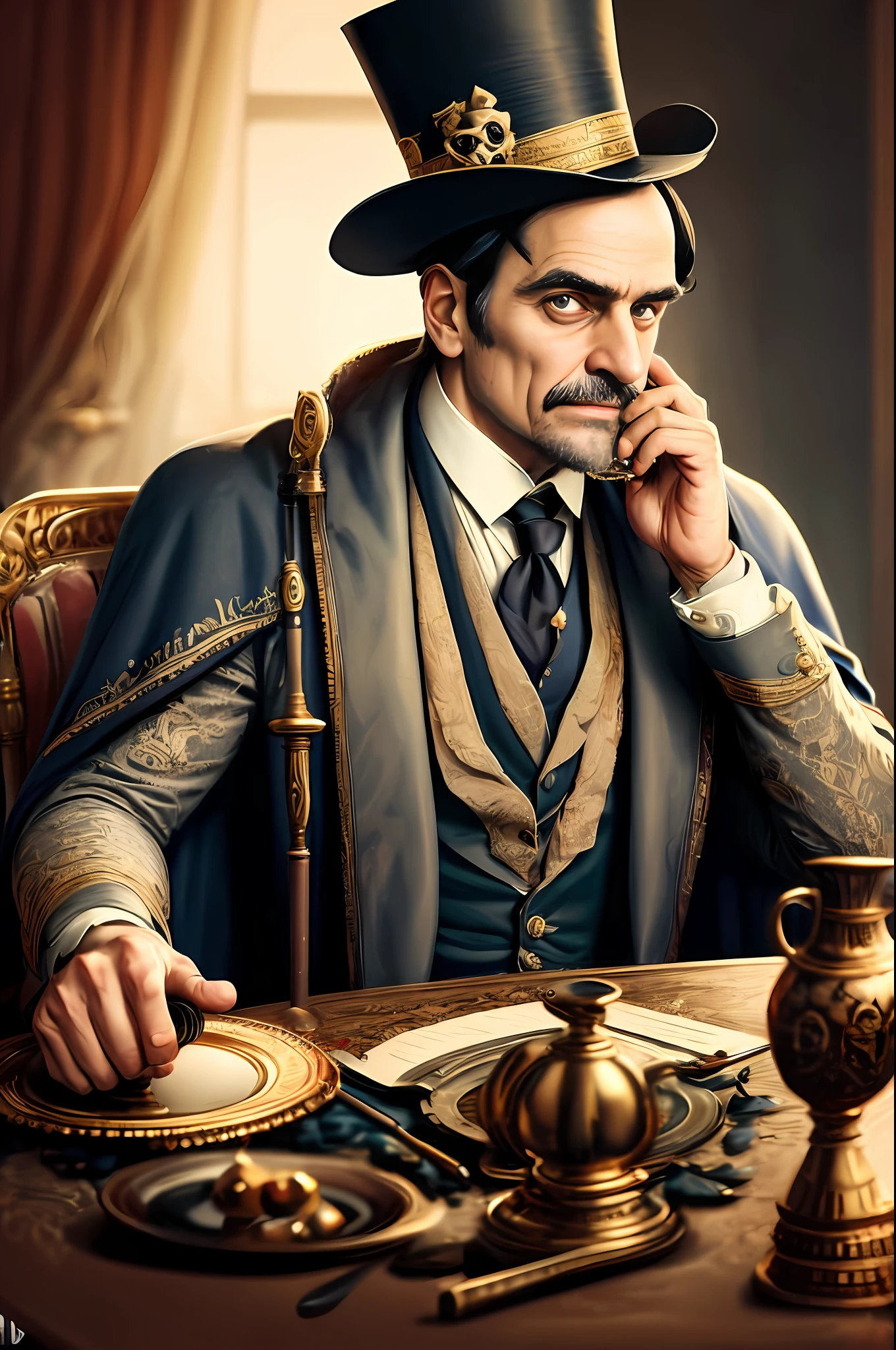 A serious man in nineteenth-century social clothes, with top hat and cape, bright eyes and a cane with skull, sitting at the table having a drink while the room burns, realistic, photorealistic. 8k uhd