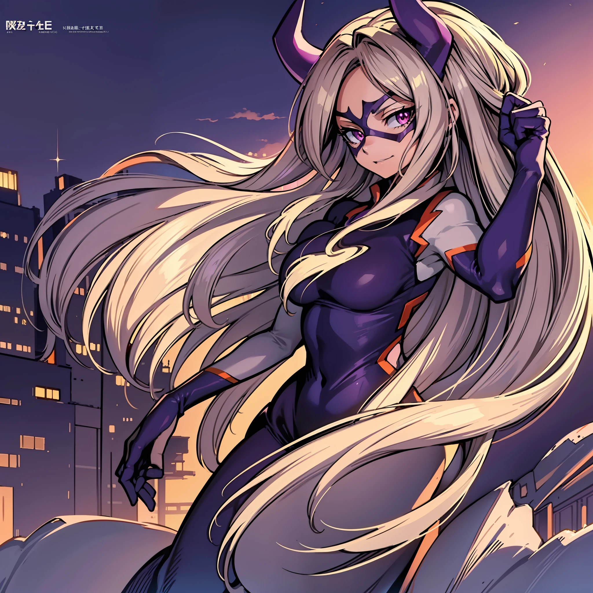 scan, (extremely detailed CG unity 8k wallpaper:1.1), highres, (1girl), mtladymha, boku no hero academia, long hair, blonde hair, horns, domino mask, bodysuit, large breasts, purple eyes, sunlight, ambient light, city, looking at viewer, full body