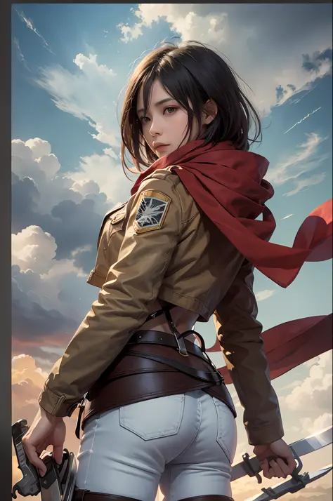 Mikasa, Masterpiece, Best quality, A high resolution, Short hair, Black eyes, Scarf, emblem, belt, thigh band, Red scarf, White pants, Brown jacket, Long sleeves, holding weapon, sword, dual wielding, Three-dimensional electric gear, Arms spread wide, stan...