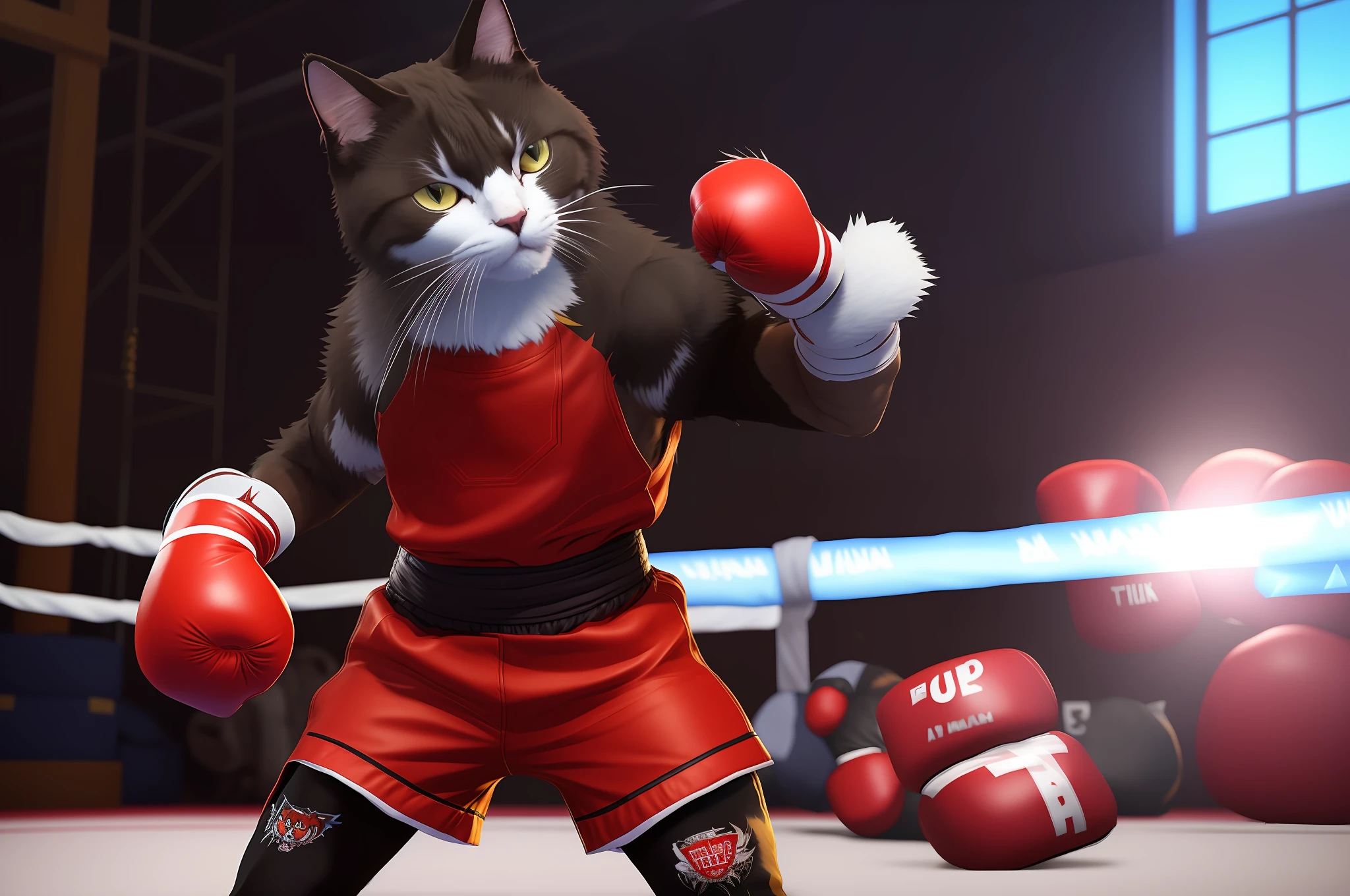 A close up of a cat in a boxing ring with boxing gloves - SeaArt AI