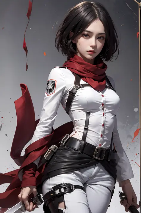 Mikasa, Masterpiece, Best quality, A high resolution, Short hair, Black eyes, Scarf, emblem, belt, thigh band, Red scarf, White ...