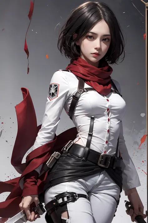 Mikasa, Masterpiece, Best quality, A high resolution, Short hair, Black eyes, Scarf, emblem, belt, thigh band, Red scarf, White pants, Brown jacket, Long sleeves, holding weapon, sword, dual wielding, Three-dimensional electric gear, Arms spread wide, stan...