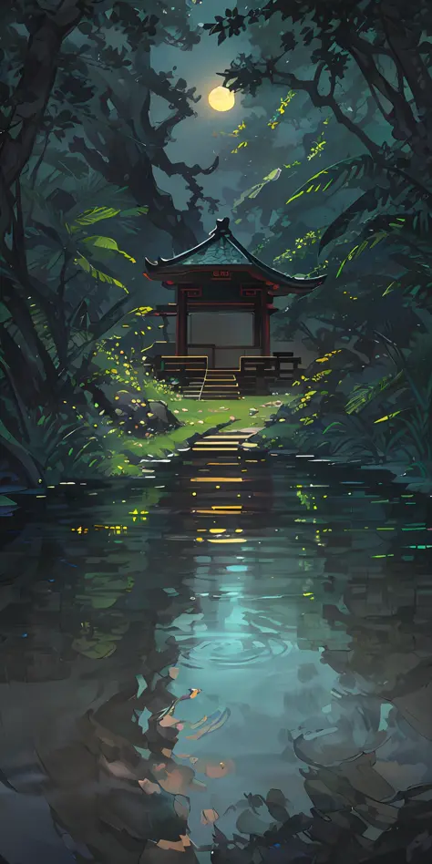 Chinese ancient times, spring, jungle, lake, cave, waterfall, tree, meadow, rock, deer, hot spring, water vapor, night,(illustration: 1.0), epic composition, realistic lighting, HD details, masterpiece, best quality, (very detailed CG unified 8k wallpaper)