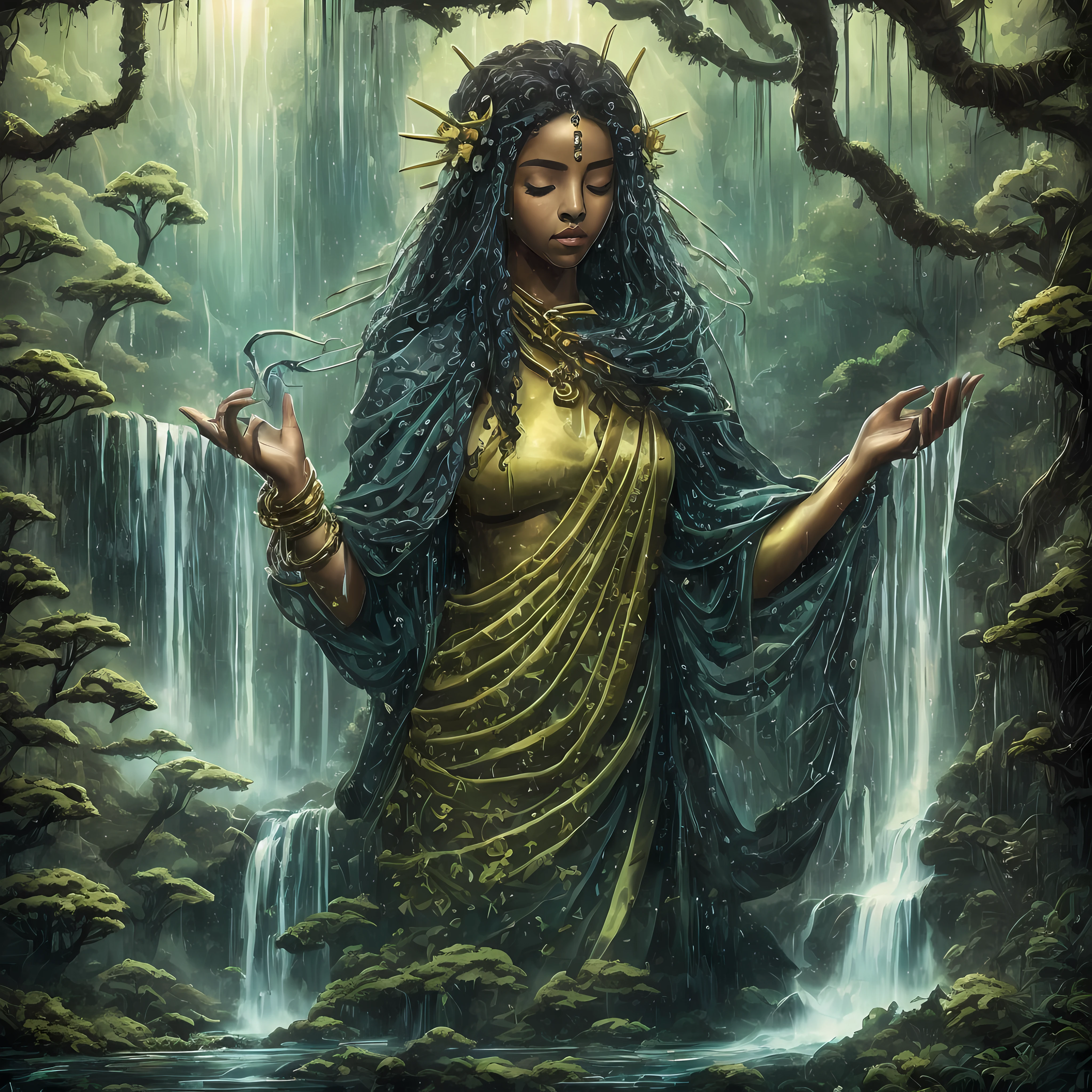 From the veils of the crystal clear waters of a waterfall rises Oxum, radiating its exuberant beauty. Her black skin, wrapped in a cloak of African ancestry, glows in the sunlight. Dressed in splendid costumes in the color of gold, she enchants with her splendor.

Her curly hair, black as night, cascades over her shoulders, festooned with golden props. A curtain of strands of golden beads covers his eyes, adding a touch of mystery to his divine presence.

In his delicate hand, Oxum holds a mirror of intense brilliance, reflecting the purity and perfection of his being. Around him, the waters of the waterfall fall gently, creating a translucent veil of glowing droplets.

In the serene atmosphere of the scene, nature displays its deep generosity. The lush green of the forest surrounds Oxum, while yellow flowers bloom in his honor, exuding a soft, enveloping scent.

In this solemn image, Oxum personifies feminine divinity, love, and fertility. His unique presence conveys a sense of tranquility and serenity, inviting contemplation and connection with the sacred. She is the embodiment of strength and sweetness, the goddess of fresh water who brings with her renewal, love and prosperity.