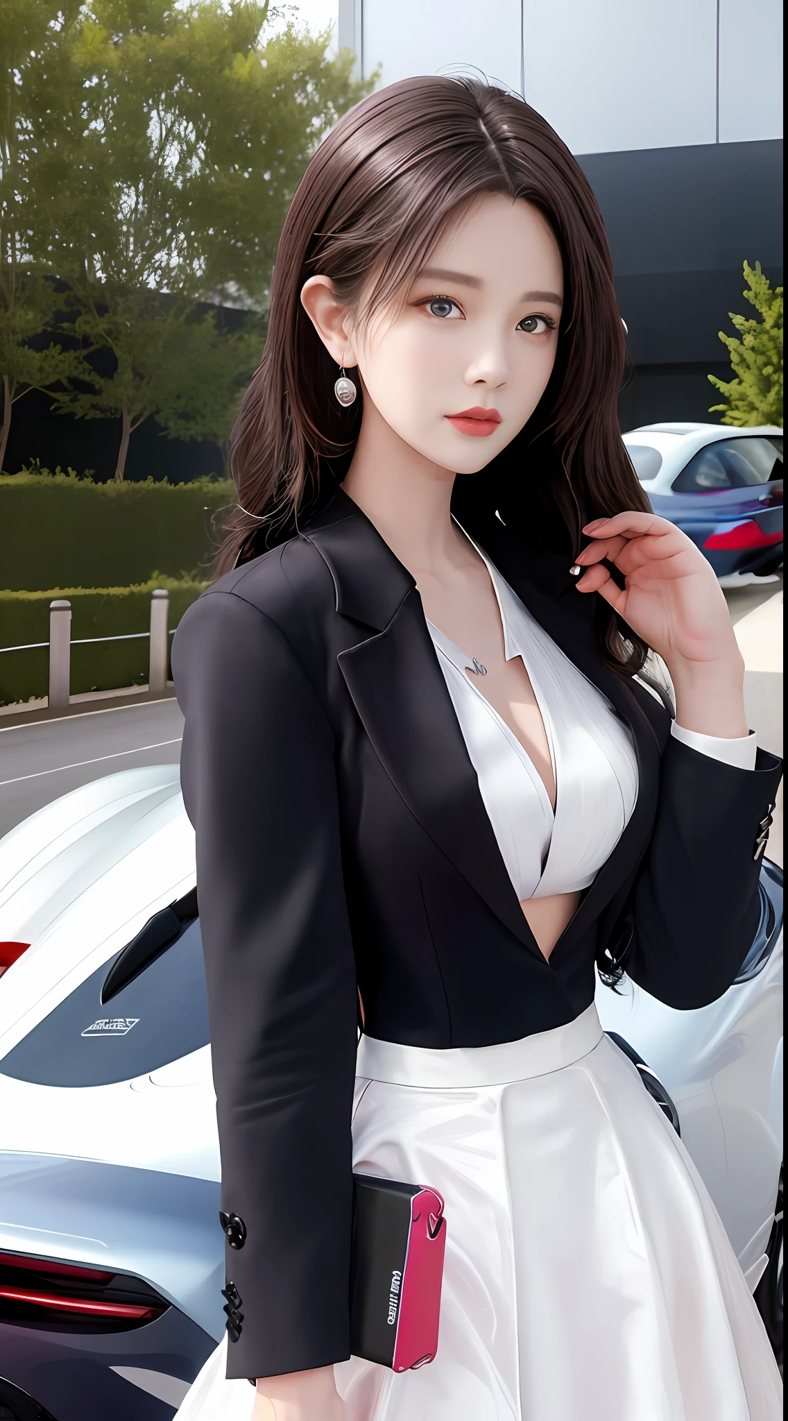 （Porsche sports car in background），best qualtiy， tmasterpiece， 1girll， beauitful face， （photograph realistic：1.3）， edge lit， （highdetailskin：1.2）， 8K  UHD， digital SLR camera， high high quality， A high resolution， 4k， 8k， bokeh， absurderes， Optimal proportions of four fingers and one thumb， （realisticlying：1.3）， Cute 1girl， Wearing a pink formal blazer， mediuml breasts， 【（white dresses）】，